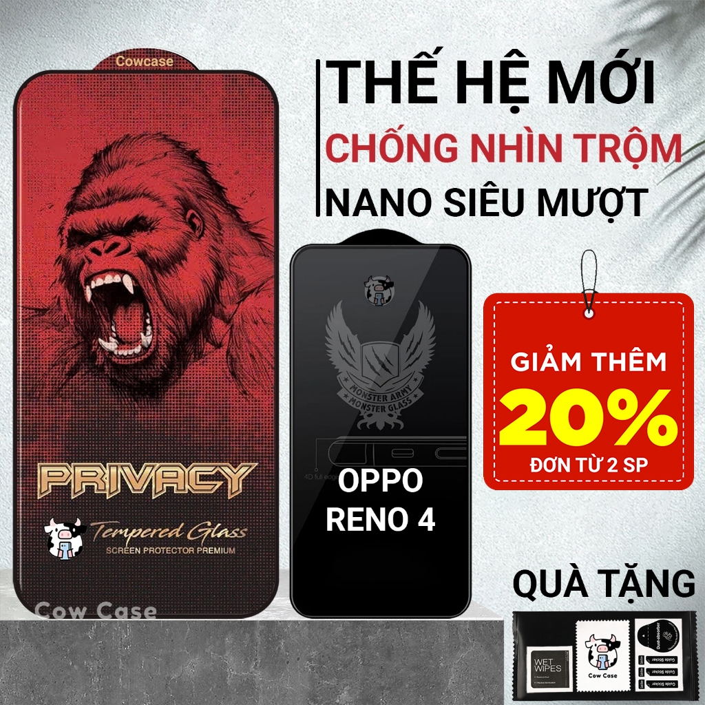 Cường lực Oppo Reno4 , Reno 4 Cowcase chống nhìn trộm  full màn | Miếng kính dán bảo vệ màn hình cho