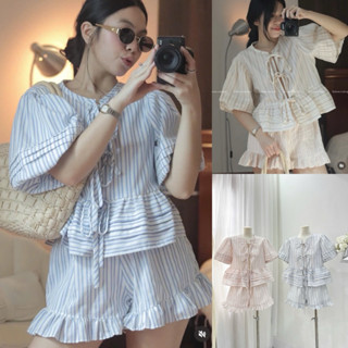   S2.4110  Set Kẻ Sọc Buộc Nơ Tay Phồng Mix Quần Đùi Bèo 2 Màu Siêu Xinh 