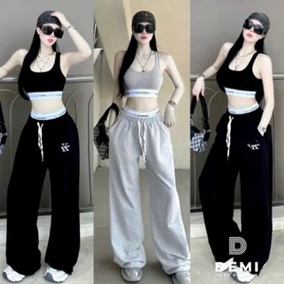 (Dưới 52kg) Set bộ nữ áo Ba lỗ thun Borip croptop bo viền chữ + quần ống suông rộng lưng bo viền co dãn