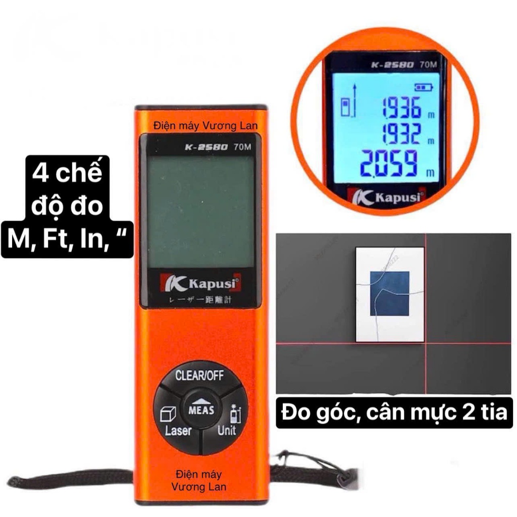Thước đo khoảng cách laser 70m 2 trong 1 Kapusi. Thước đo góc 2 tia, Đo xa 70m