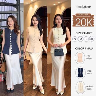 Áo gile nữ mix chân váy lụa tối giản Workleisure, gilet dáng vest cổ tròn, tôn dáng phong cách Hàn Quốc-Jiwon