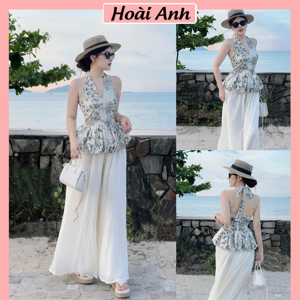 Set Bộ Đồ Nữ Áo Yếm Đũi Họa Tiết Đen Trắng Chun Lưng Mix Quần Suông Dài Đũi Thun Trắng Ống Rộng