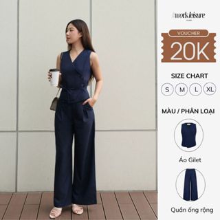 Áo gile vest nữ mix quần ống suông màu xanh Navy Workleisure phong cách minimal tối giản - Yoona Set