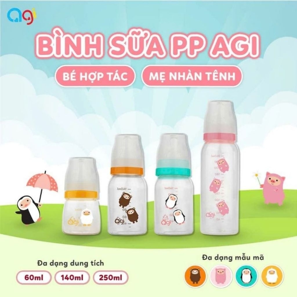Bình Sữa AGI Cổ Hẹp Cao Cấp 60ml, 140ml, 250ml Cho Bé