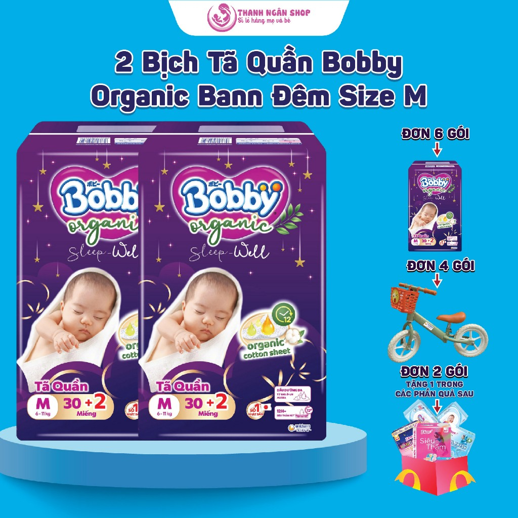 Combo 2 Bịch Tã Quần Bobby Organic Sleepwell - Tã Quần Bobby Ban Đêm Size M30+2 Siêu Thấm Hút - Than