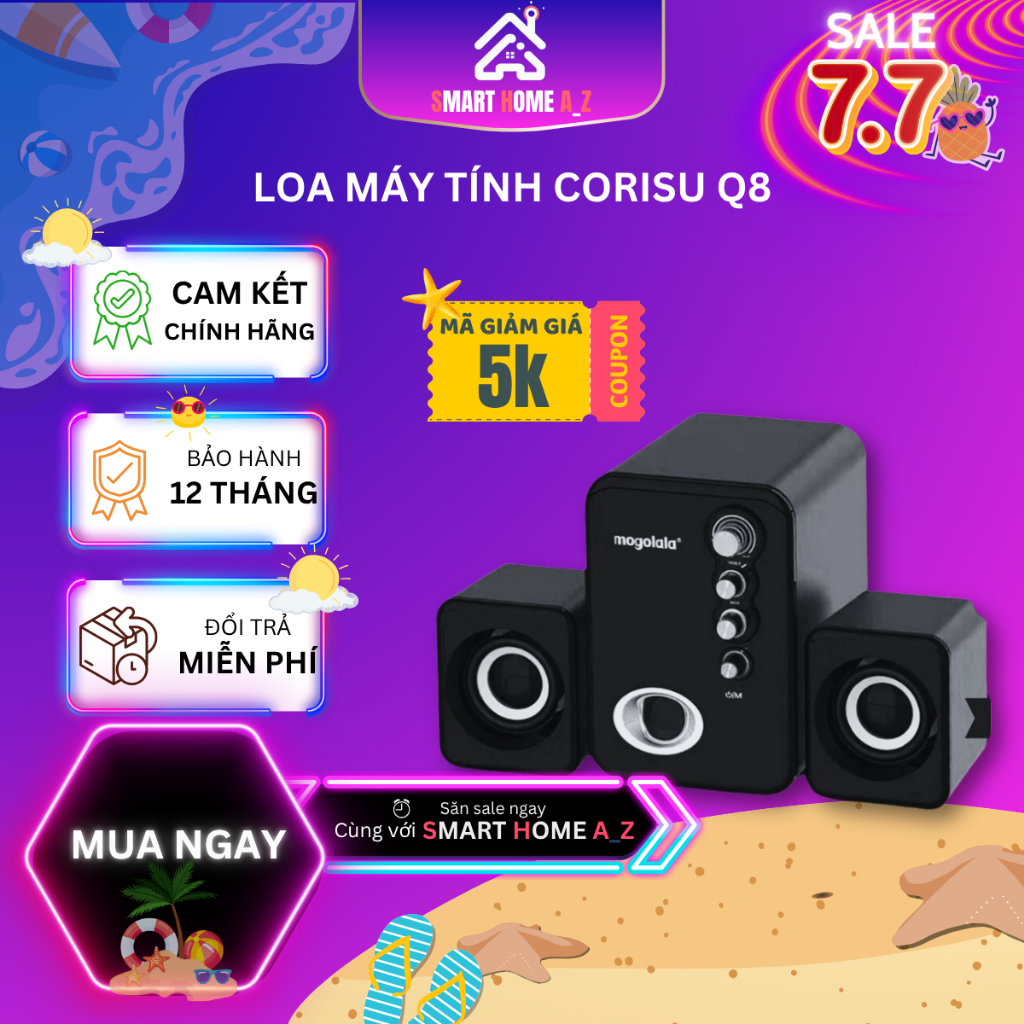 Loa Máy Tính Mini CORISU Q8 Âm Thanh Sống Động, Tích Hợp Đèn LED 7 Màu, Jac Cắm 3.5mm Cho Máy Tính