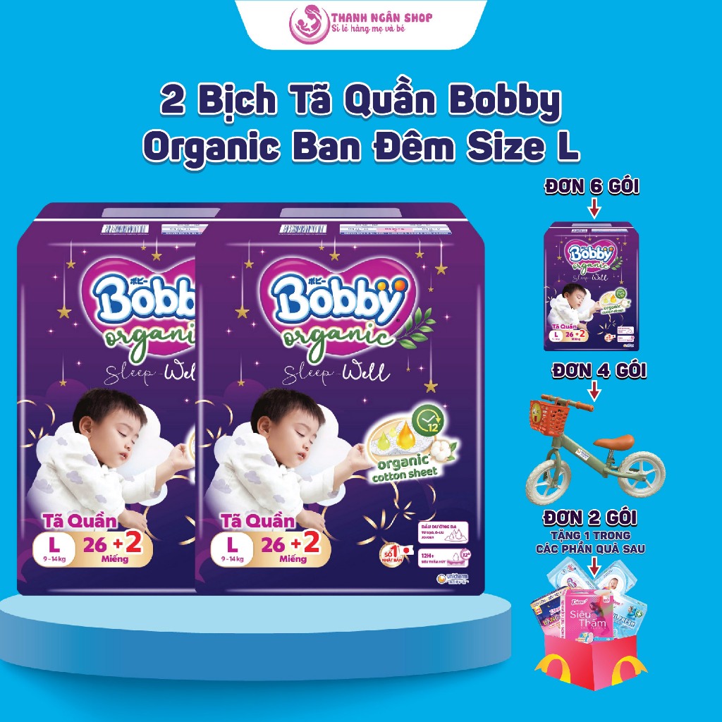 Combo 2 Bịch Tã Quần Bobby Organic Sleepwell - Tã Quần Bobby Ban Đêm Size L26+2 Siêu Thấm Hút - Than