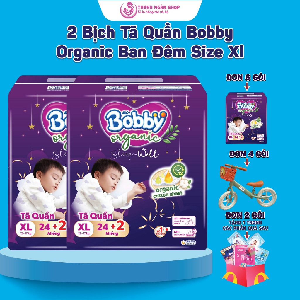 Combo 2 Bịch Tã Quần Bobby Organic Sleepwell - Tã Quần Bobby Ban Đêm Size XL+2 Siêu Thấm Hút - Thanh