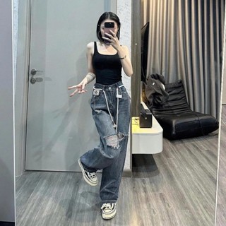 Quần jean rách MELINA (tặng kèm dây) quần jean nữ rách gối ống suông dài 97 - 103cm màu xanh xám đậm size S M L 375