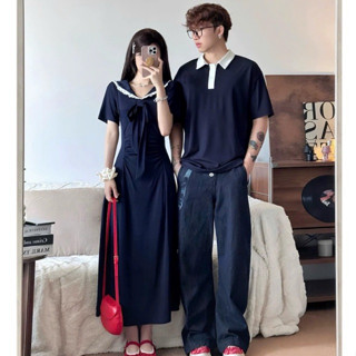   Có Bigsize nam 100kg nữ 85kg  Set đồ đôi-Áo váy thun cặp đôi xanh navi form dài cổ bèo nơ xinh 