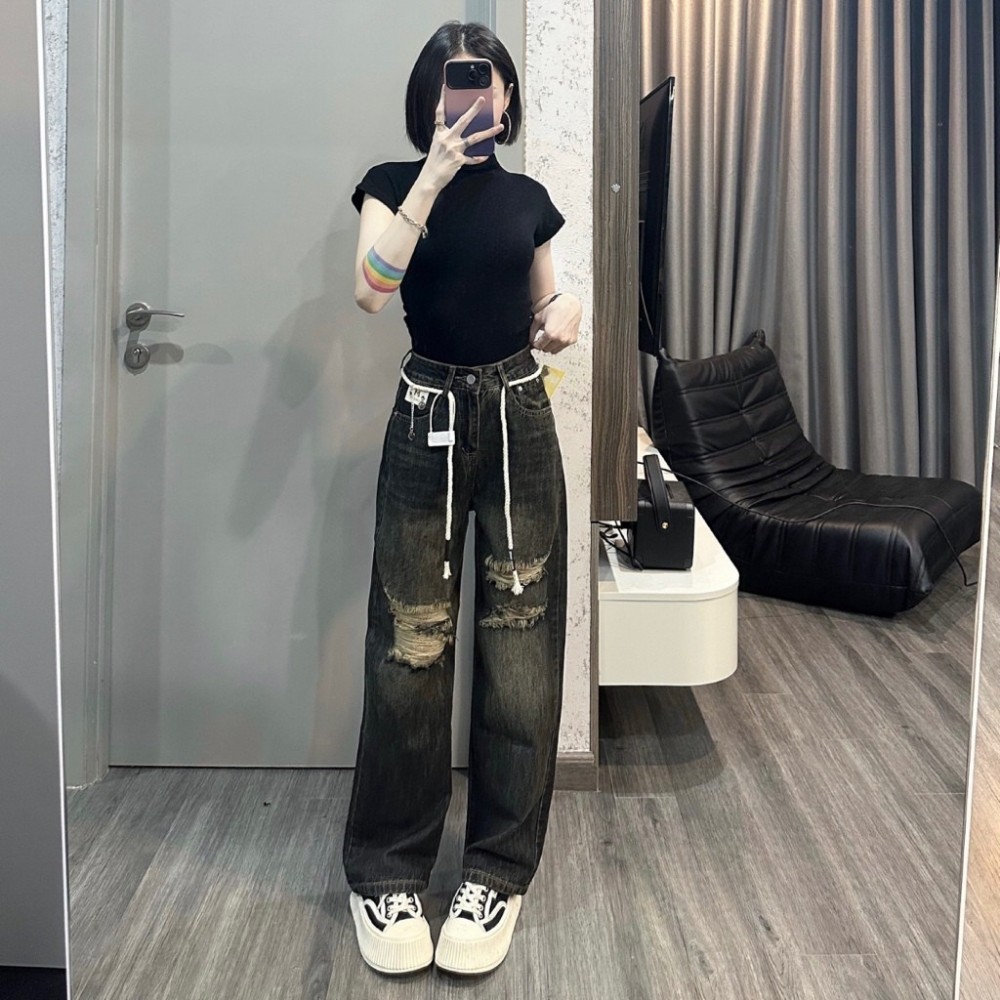 Quần jean suông nữ TEEMEEJEAN quần rin ống rộng nữ tôn dáng màu đen ánh rêu size S M L 1379/8841