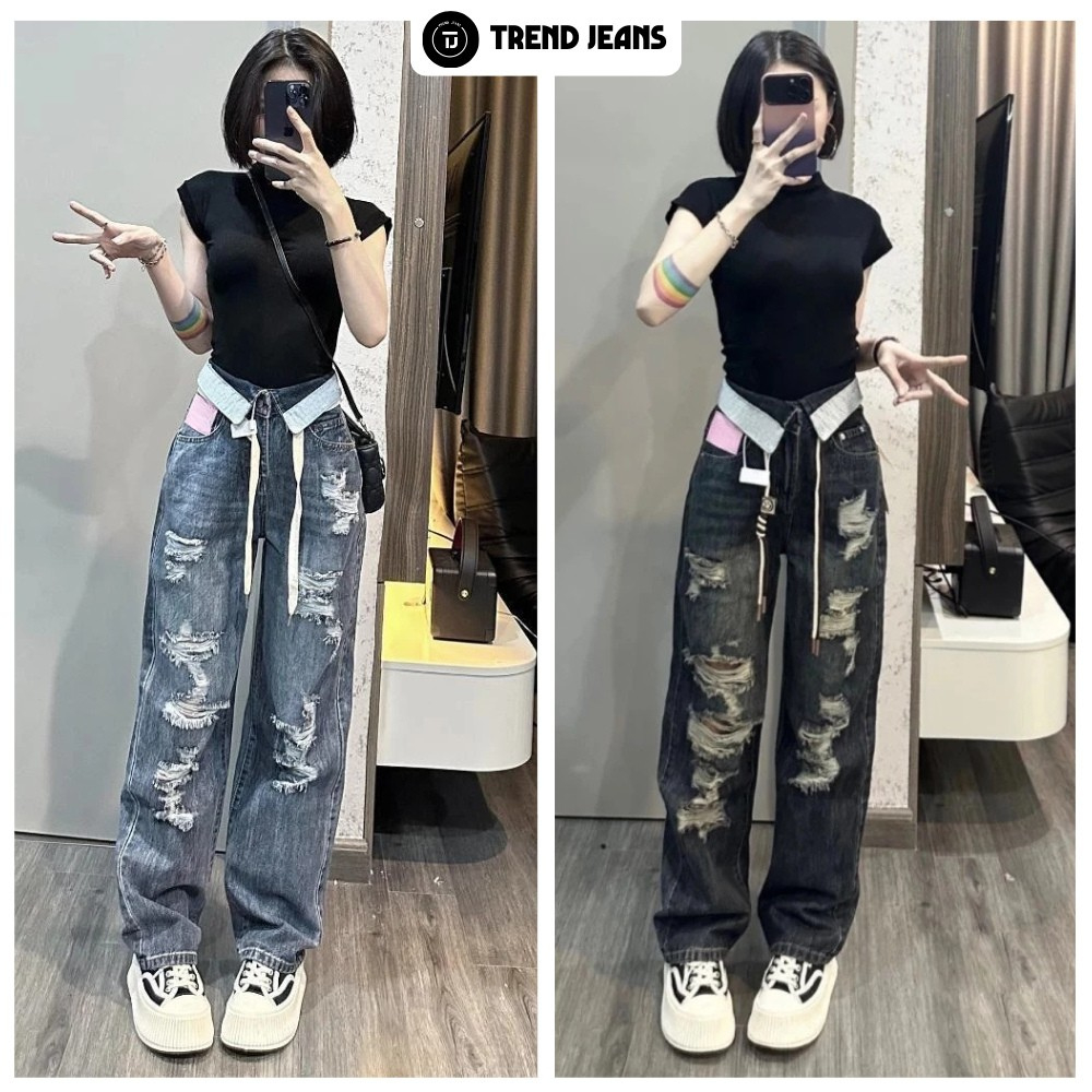 Quần bò ống rộng  quần jean rách cạp cao bẻ cạp màu đen ánh rêu, xanh nhạt size S M L SPG