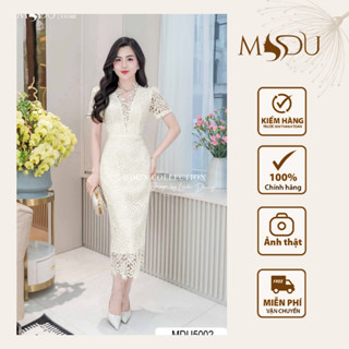  Váy Thiết Kế MDU5002 Dáng Ôm Body Cổ V Cách Điệu Kết Hợp Tay Ren Xuyên Thấu Sang Trọng Từ MDU 