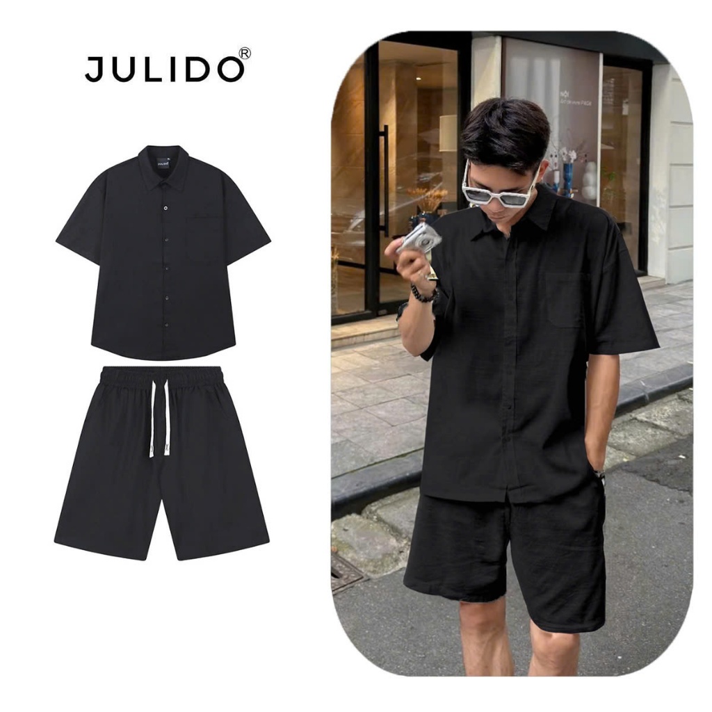 Bộ quần áo nam JULIDO Form Basic Menwear chất liệu đũi linen cộc tay đi biển | BigBuy360 - bigbuy360.vn
