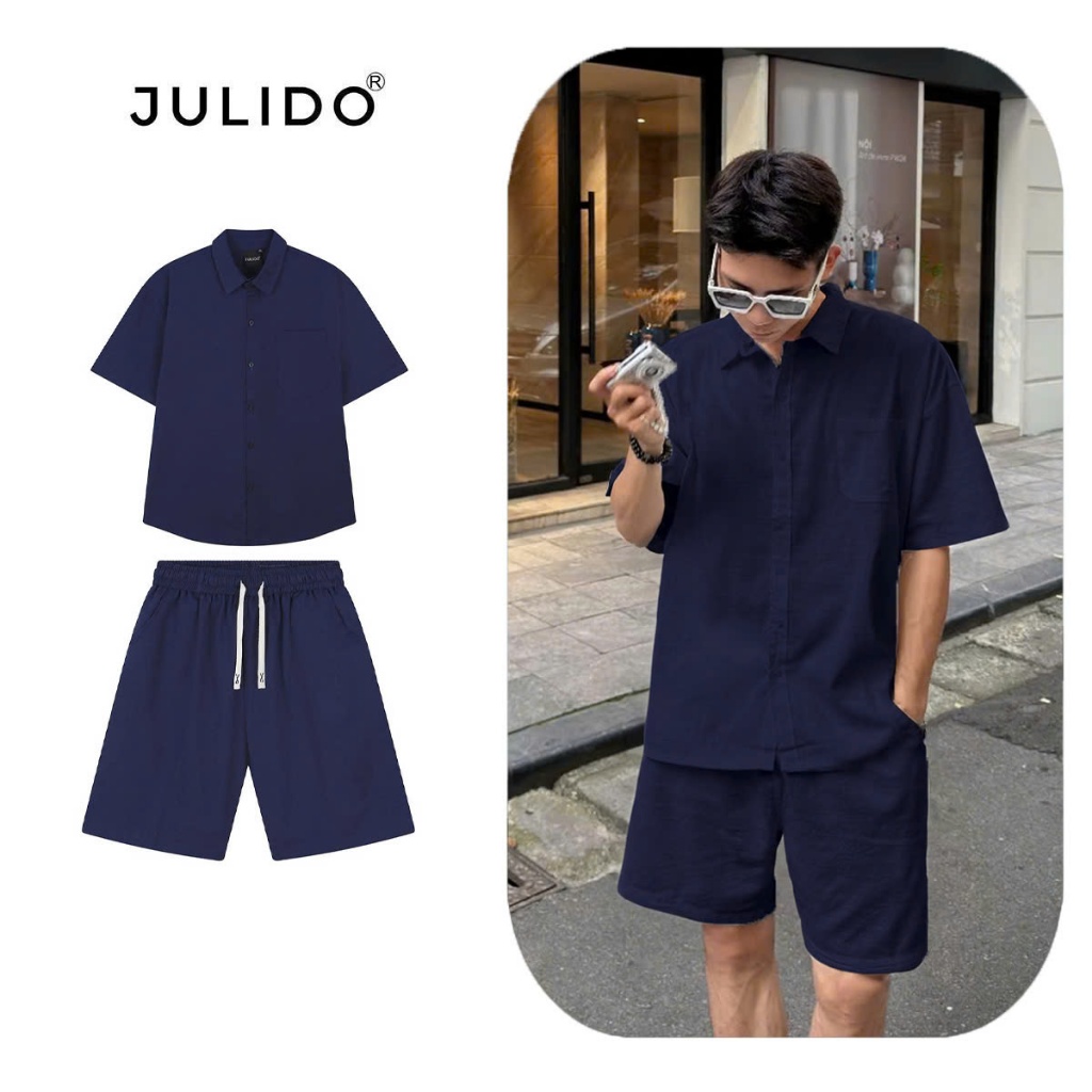 Bộ quần áo nam JULIDO Form Basic Menwear chất liệu đũi linen cộc tay đi biển | BigBuy360 - bigbuy360.vn
