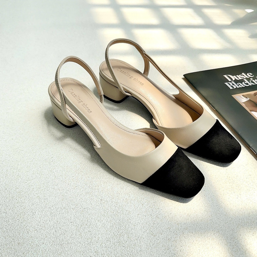 Giày cao gót nữ 4cm DAZZLING SHOES mũi tròn vá da lộn khoét eo cài dây sau SLB95