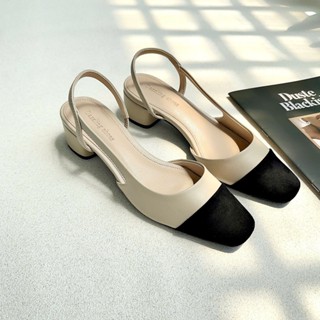 Giày cao gót nữ 4cm DAZZLING SHOES mũi tròn vá da lộn khoét eo cài dây sau SLB95