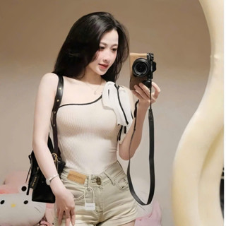 Áo ren  lưới cột nơ lệch vai phối viền hottrend | Áo kiểu nữ lệch 1 vai phom chuẩn ôm body xinh xắn CÓ MÚT