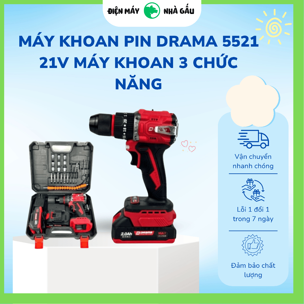 Máy Khoan Pin Drama 5521 21V Máy Khoan 3 Chức Năng Động Cơ Không Chổi Than Đầu 10mm