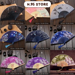  Quạt cổ trang vải lụa in 1 mặt xếp cầm tay nhỏ gọn phong cách Trung Quốc  dài 21cm  