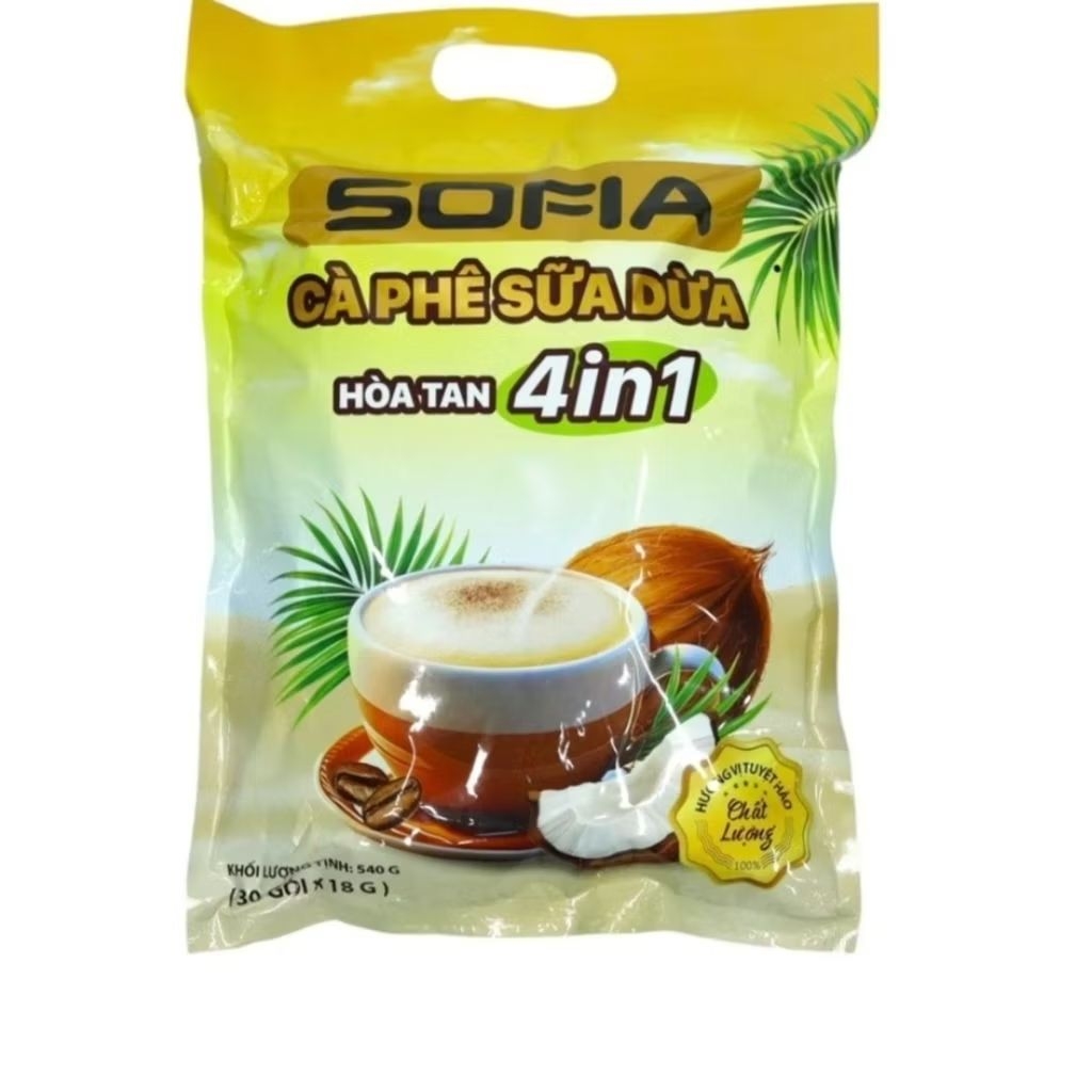 Cafe sữa dừa Sofia, cafe hòa tan 4in1 thơm béo sánh mịn, bịt 30 gói. Cafe sữa dừa đặc sản Daklak