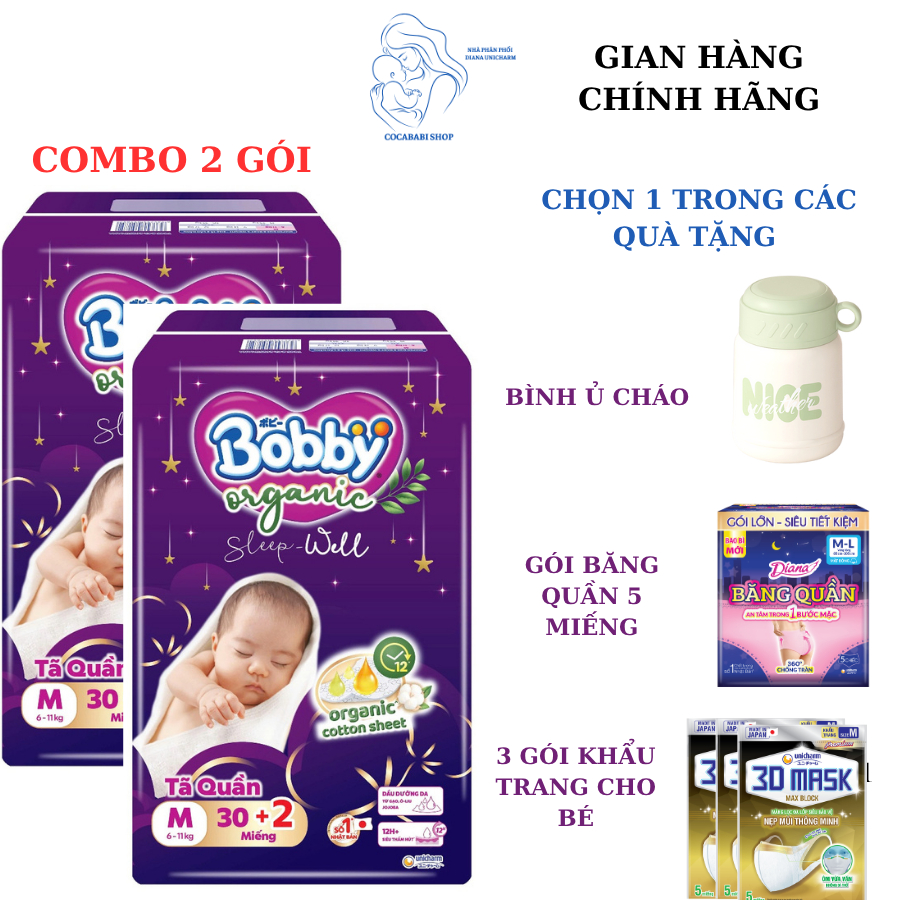 (KÈM QUÀ) Combo 2 gói tã quần Bobby OrganicTã Quần Bobby Organic Sleepwell  ban đêm