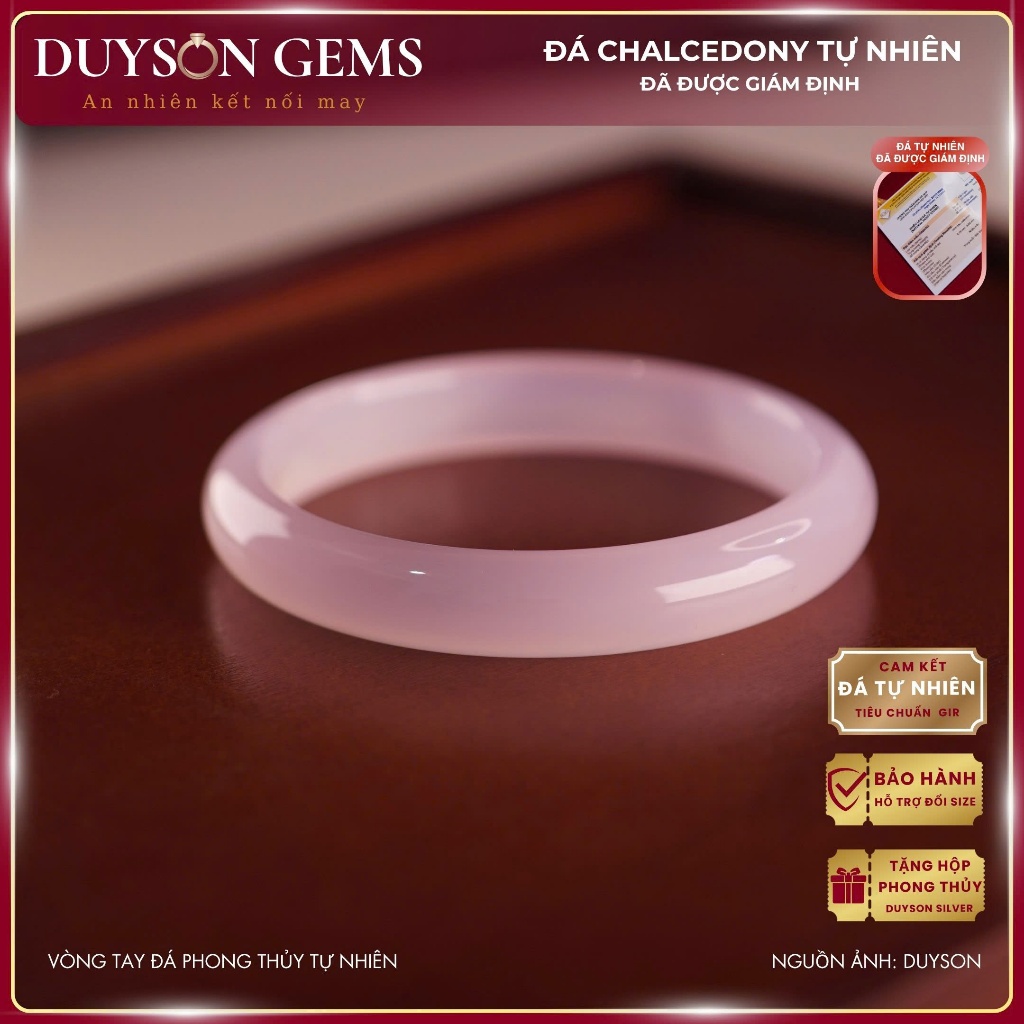 Vòng tay Duyson Gems liền khối Chalcedony bản hẹ màu hồng Madagascar khởi quang LTPT32