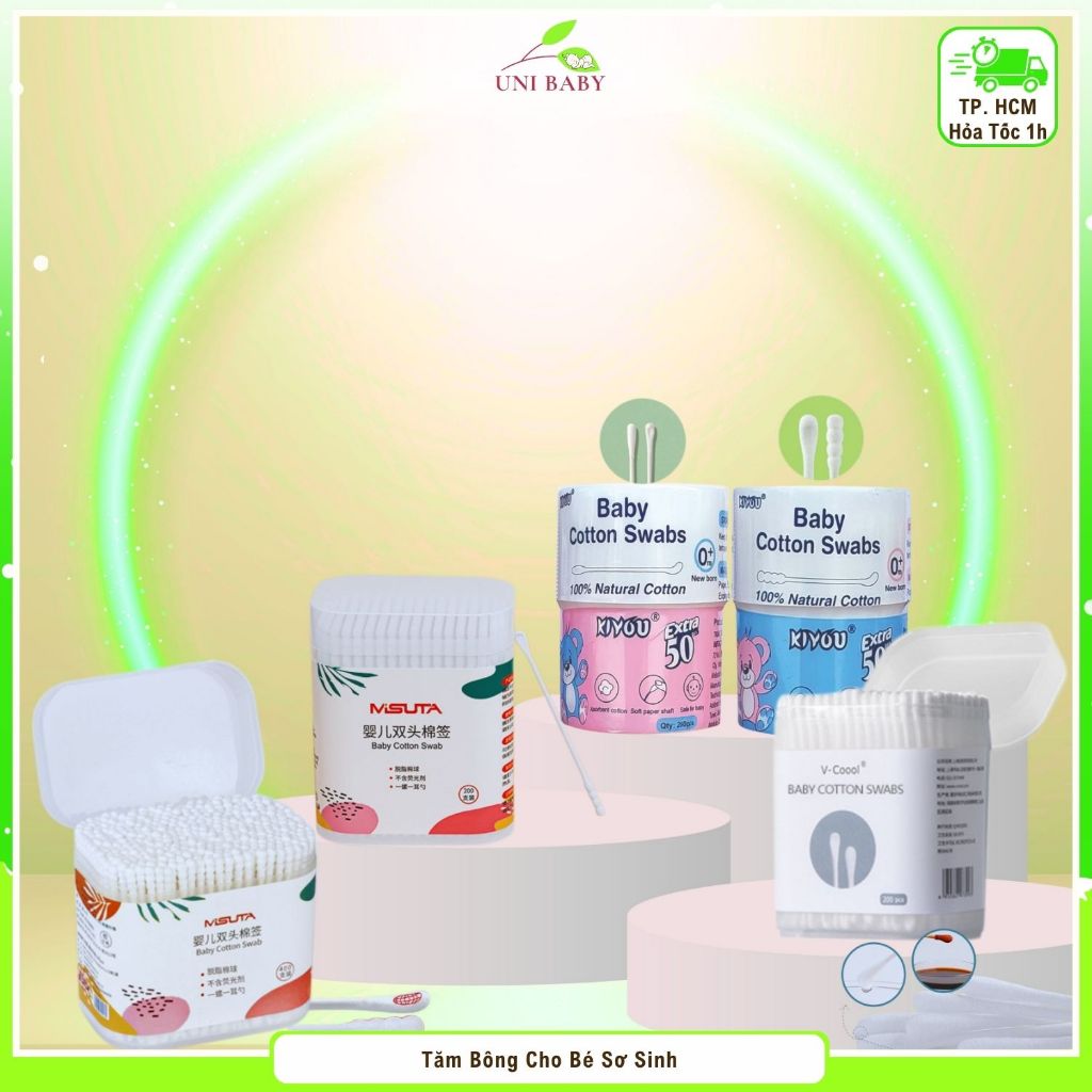 Tăm bông ngoáy tai cho bé sơ sinh, tăm bông vcoool 2 đầu dẹt và tròn thân giấy an toàn và mềm mại