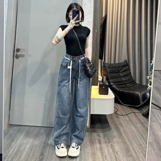  Quần bò ống suông nữ ELWYN quần jean basic cạp cao trơn 2 túi trước màu xanh đậm dễ phối đồ size S M L 8848 