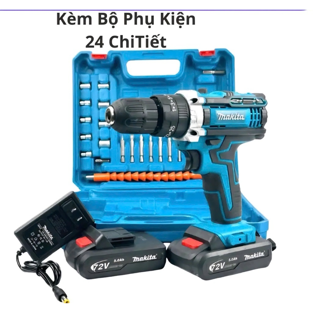 Máy khoan pin Makita 72 . Máy khoan 3 chức năng , có búa . Tặng kèm bộ phụ kiện 24 chi tiết ( Máy 2 