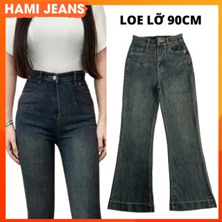 Quần loe lỡ 90cm Loe 9 tấc Quần jean nữ ống loe lỡ co giãn lưng cao túi kiểu túi bầu