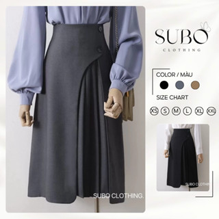 Chân Váy SUBO Công Sở Chữ A Dáng Dài Qua Gối Có Tà Xếp Ly Phối Cúc Bên Sườn