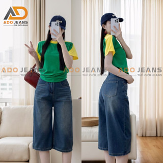 Quần short jean nữ, lưng cao ống rộng form dài qua gối-ADO JEANS (S36)
