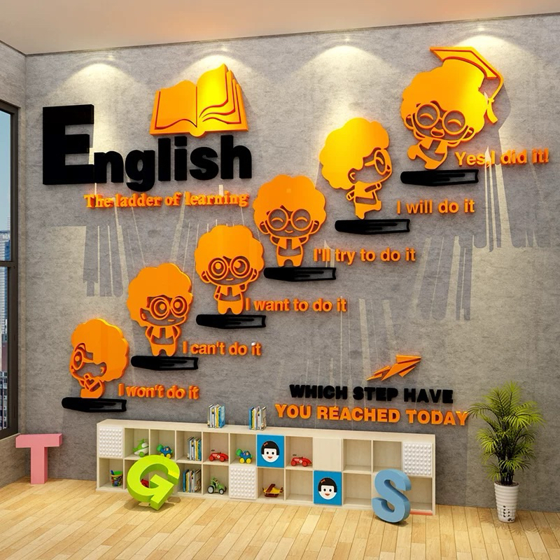 Tranh dán tường mica dán nổi thang english trang trí trung tâm tiếng anh, lớp học ngoại ngữ, phòng l