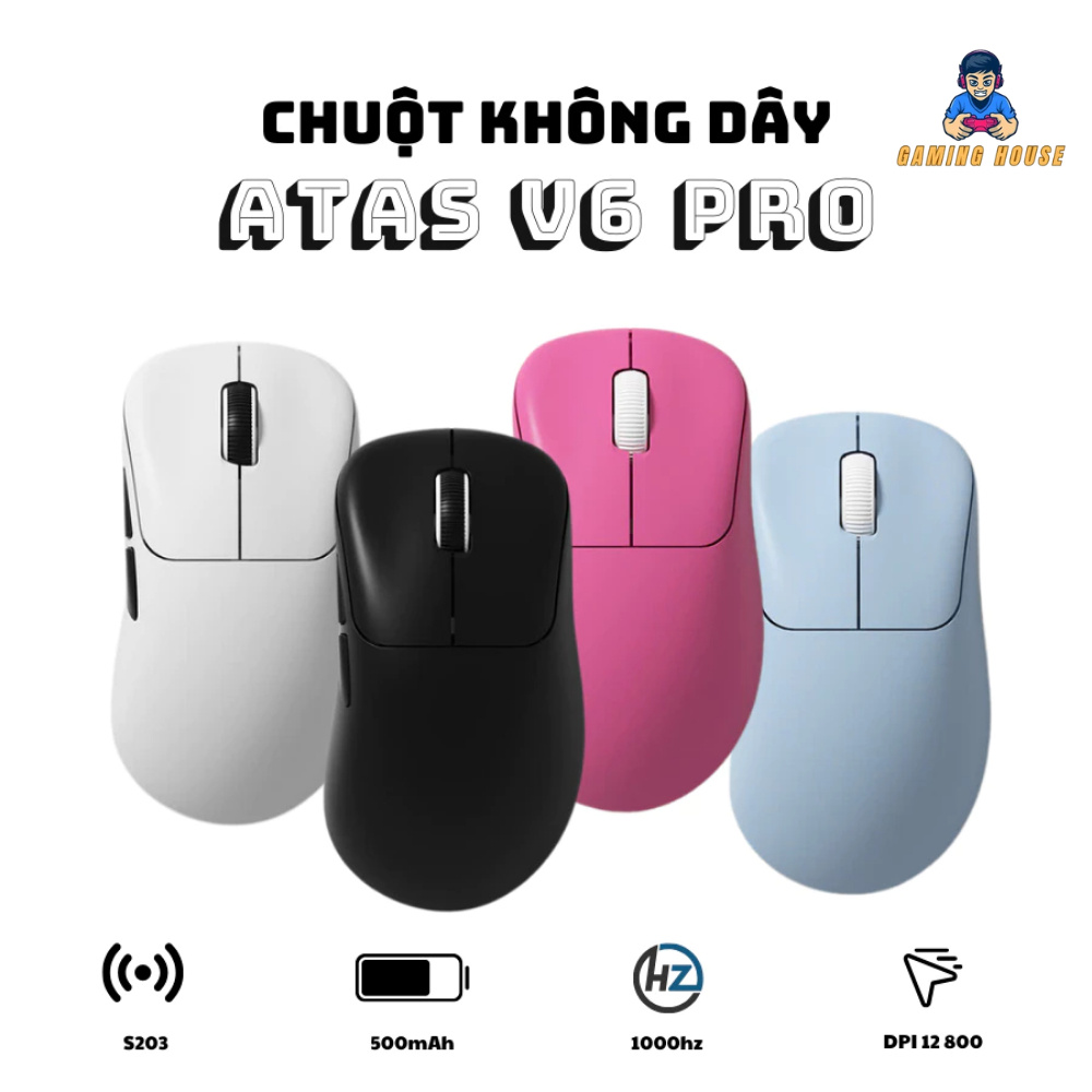 Chuột gaming không dây ATAS V6 PRO - 3 mode - Pin 500mAh - Có app - DPI 12800 - Siêu nhẹ