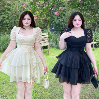 BIGSIZETIX D50 Đầm dự tiệc tiểu thư ren thiết kế  cúp ngực phối voan tầng đính hoa eo xinh xắn 50-90kg