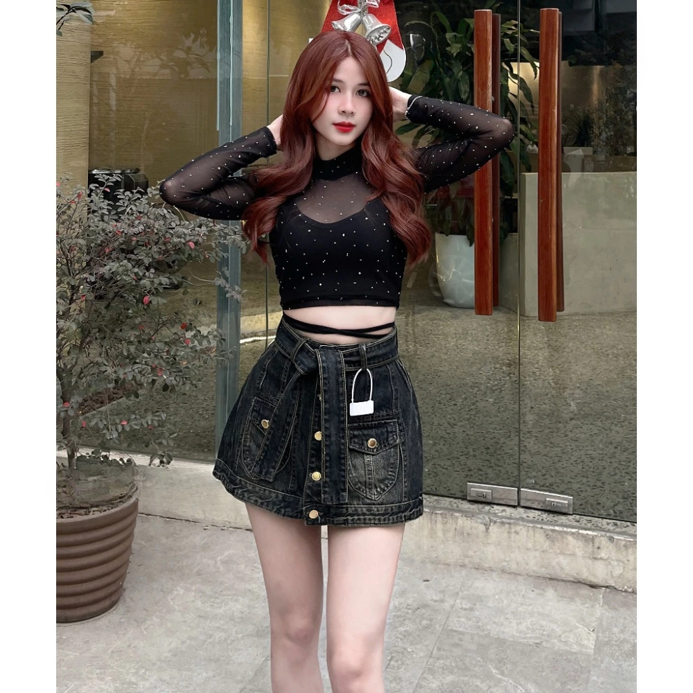 Chân váy chữ a GENJEAN cạp cao màu đen ánh rêu nhiều khuy size S  M L 2259