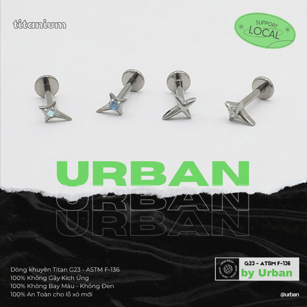 [1 Mặt Khuyên] Khuyên tai, chất liệu titan G23 F136 STAR Không Bay Màu Không Ngứa urban  [XỎ]