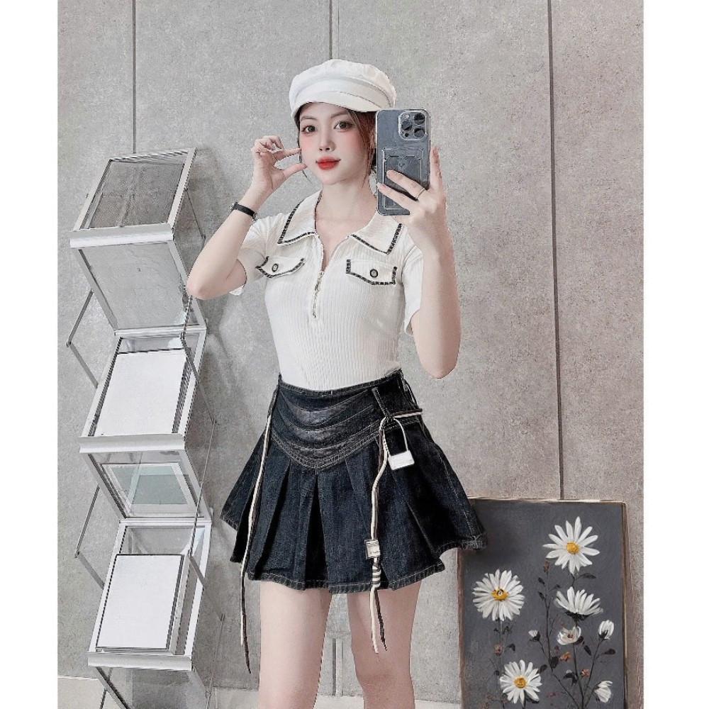 Chân váy xếp ly GENJEAN chân váy cạp cao tôn dáng màu đen ánh rêu 6552