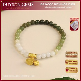 Vòng tay ngọc bích Hòa Điền tự nhiên Ombre mix charm đài sen mạ vàng 18k Duyson Gems