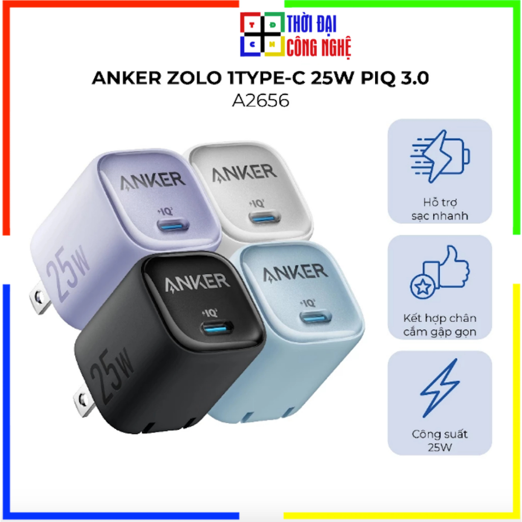Adapter Sạc Anker A2656 1Type-C 25W PIQ 3.0 . Bảo hành 18 tháng, 1 đổi 1.