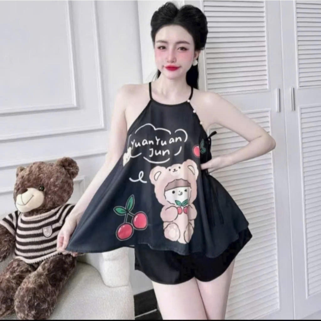 Đồ ngủ sexy 2 dây, bộ ngủ lụa phi, set đồ mặc nhà yếm in họa tiết 3D gợi cảm CARY | BigBuy360 - bigbuy360.vn