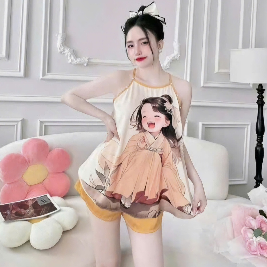 Đồ ngủ sexy 2 dây, bộ ngủ lụa phi, set đồ mặc nhà yếm in họa tiết 3D gợi cảm CARY | BigBuy360 - bigbuy360.vn