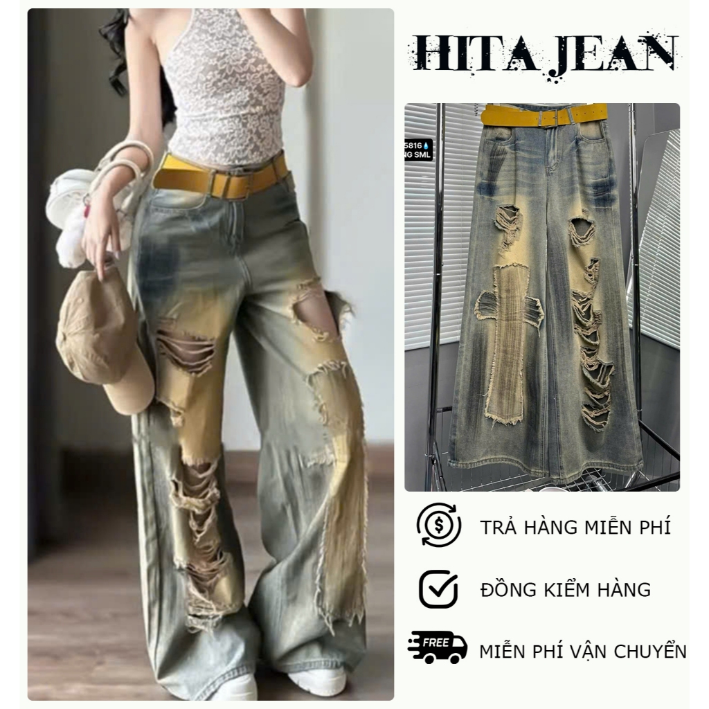   ORTD5816  QUẦN JEAN ỐNG RỘNG NỮ LƯNG CAO RÁCH CÀO TE TUA KÈM VỆT SƠN CHỮ THẬP MÀU XANH BỤI XỊN SÒ 