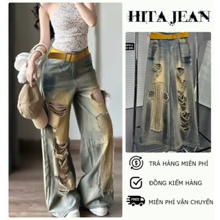   ORTD5816  QUẦN JEAN ỐNG RỘNG NỮ LƯNG CAO RÁCH CÀO TE TUA KÈM VỆT SƠN CHỮ THẬP MÀU XANH BỤI XỊN SÒ 