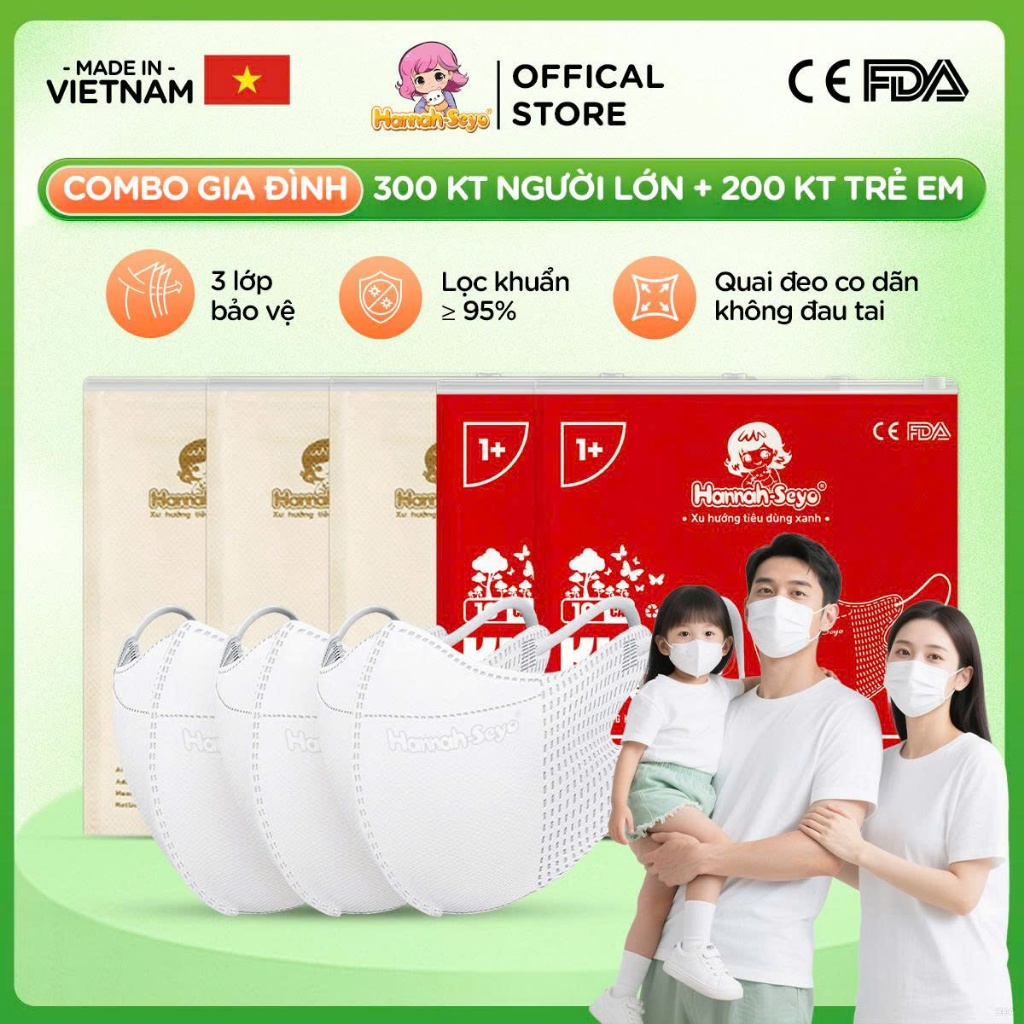 [300 KT người lớn+200 KT trẻ em] COMBO GIA ĐÌNH, Khẩu trang 5D Xanh Việt chống tia UV, chống nắng, b
