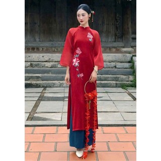 Áo dài Diệp Thư đỏ - họa tiết hoa mẫu đơn thêu tay - vải tơ mềm mịn mát lành uyển chuyển