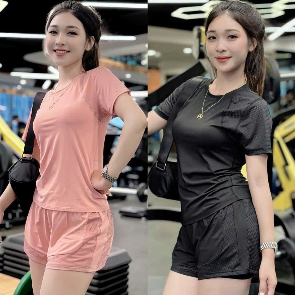 Bộ Quần Áo Tập Gym Yoga Pickleball Chạy Bộ Đạp Xe Nữ, Bộ Thể Thao Nữ Áo Phủ Bụng Phối Lưới Quần Đùi 2 Lớp Có Túi((NG39)) | BigBuy360 - bigbuy360.vn