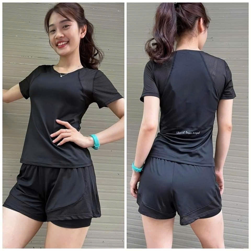Bộ Quần Áo Tập Gym Yoga Pickleball Chạy Bộ Đạp Xe Nữ, Bộ Thể Thao Nữ Áo Phủ Bụng Phối Lưới Quần Đùi 2 Lớp Có Túi((NG39)) | BigBuy360 - bigbuy360.vn