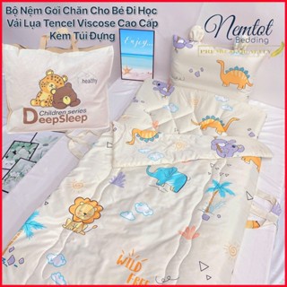 🌙SIÊU MÁT🌙 Bộ Nệm Chăn Gối Cho Bé Đi Học Vải Lụa Lyocell Viscose Mềm Mát (Tặng Kèm Túi Đựng) Cao Cấp